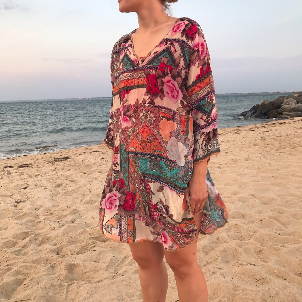 Johnny Was S tunic blouse floral boho bohemian relaxed satin multicolor